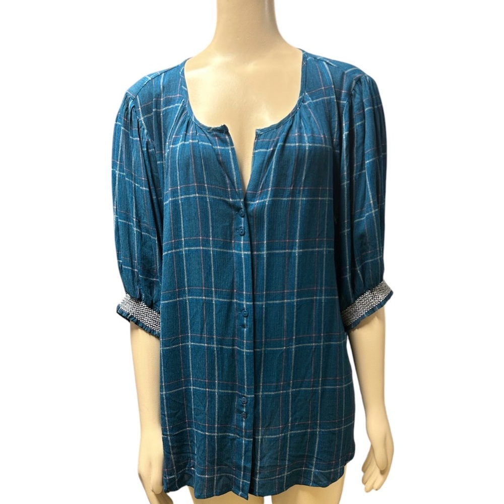 Bobeau Blue Plaid  Button Front Top Womens Large‎